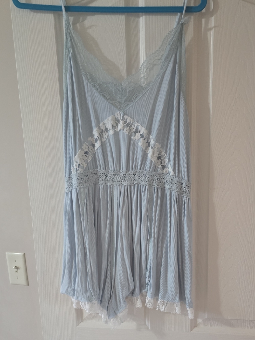 POL Light Blue Lace-Trim Chemise Romper